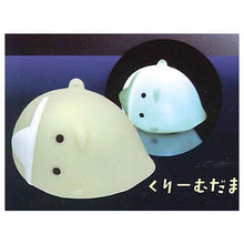 Load image into Gallery viewer, Check out the new box and find the Japanese version of the gashapon Yell. The pedestal comes with a cute ghost and will-o'-the-wisp toy. Hitodama Chan Lamp, white and yellow with glowing lights.